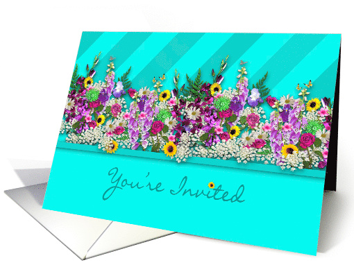 Invitation, Fresh Country Garden Flowers, Aqua Blue Stripes card