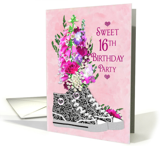 Sweet 16th Girl's Birthday Party Invittions, Sneakers & Flowers card