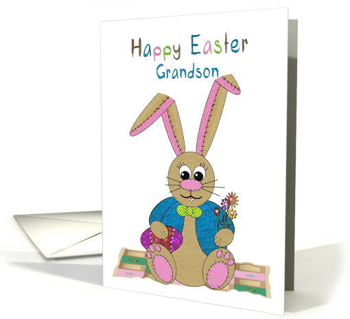 Easter, Grandson, Stuffed Bunny Rabbit Sithing on Patchwork Quilt card