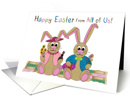 Easter,From All of Us, Stuffed Bunny Rabbits on Patchwork Quilt card