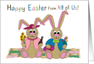 Easter,From All of Us, Stuffed Bunny Rabbits on Patchwork Quilt card