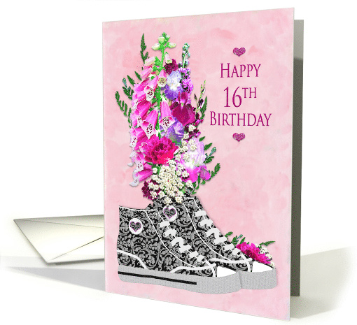 Birthday, 16th, Stylish High-Top Sneakers/Flowers card (1564304)