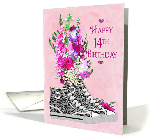 Birthday, 14th, Stylish High-Top Sneakers/Flowers card (1564308)
