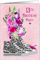 Birthday Party Invitation, 13th, Stylish High-Top Sneakers/Flowers card