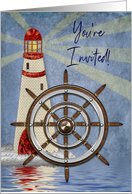 You’re Invited, Invitation, Nautical, Ship’s Wheel and Lighthouse card