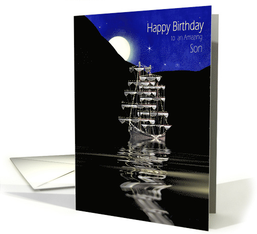 Birthday, Son, Night Moon Light Scene of Ship with Lights card