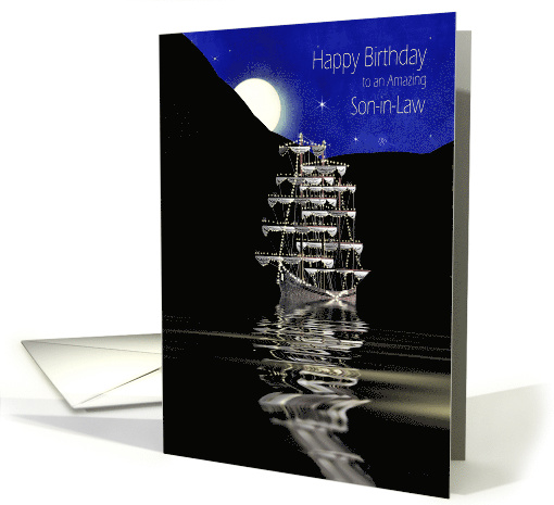 Birthday, Son-in-law, Night Moon Light Scene of Ship with Lights card