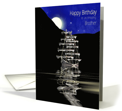 Birthday,Brother, Night Moon Light Scene of Ship with Lights card