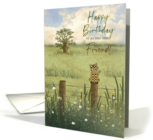 Birthday, Friend, Calico Cat Perched on Wood Post Fence, Country card