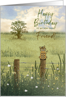 Birthday, Friend, Calico Cat Perched on Wood Post Fence, Country card