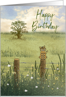 Birthday, Calico Cat Perched on Wood Post Fence, Country Scene card