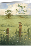 Birthday, MOTHER, Calico Cat Perched on Wood Post Fence, Country card