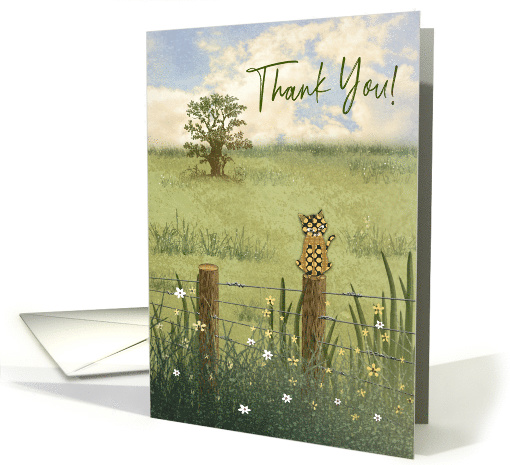 Thank You, Blank, Calico Cat Perched on Wood Post Fence, Country card