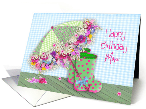 Birthday, Mom, Flowers on Umbrella and Polka Dot Boots,... (1571564)