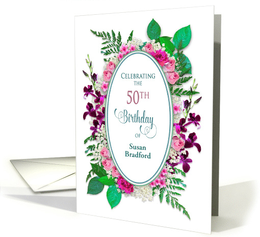50th Birthday for Woman Invitation Flowers Around Oval,... (1576692)