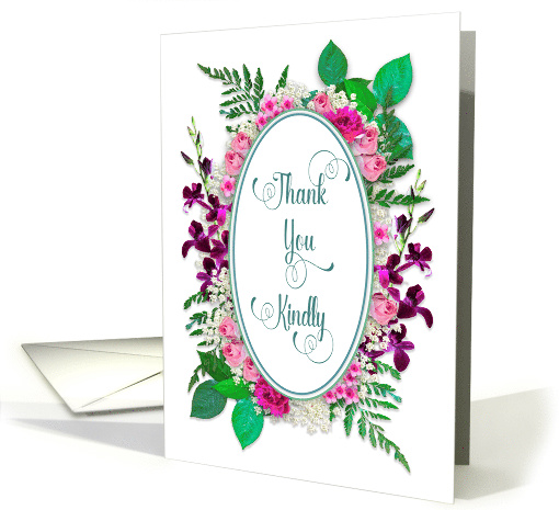 Thank You, Beautiful Garden Flowers Around Oval, Blank Inside card