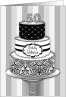50th Birthday Party Invitation, 3-Tier Cake in Black, Gray and White card