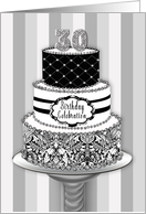 30th Birthday Party Invitation, 3 Tier Cake in Black, Gray and White card