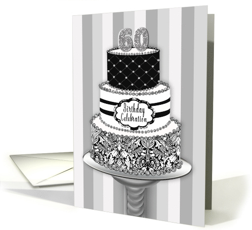 60th Birthday Party Invitation, 3 Tier Cake in Black,... (1577828)