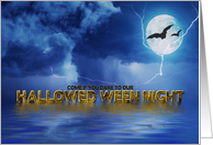 Halloween Party Invitation, Stormy Night Scene with Full Moon & Bats card