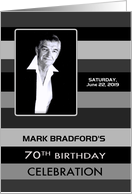 70th Birthday Party Invitation, Sleek Shades of Gray Stripes, Photo card