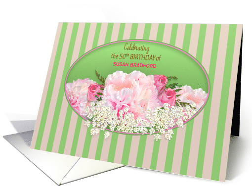 50th Birthday Party Invitation,Fifty,Peonies & Roses, Insert Name card