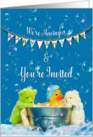 Baby Shower Invitation, Rubber Duck and Stuffed Animals Playing in Tub card