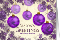 Christmas, Business,Purple Ornaments, Snow Flakes, Season’s Greetings card