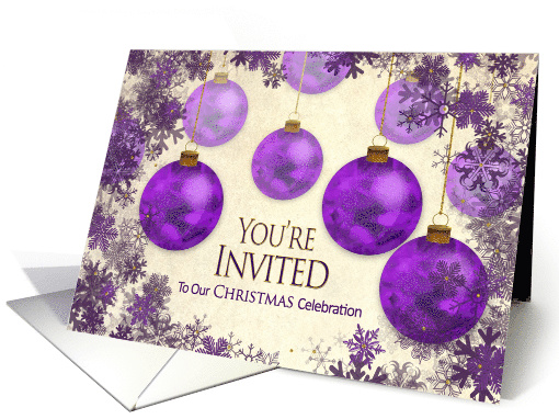 Christmas Party Invitation, Purple Ornaments, Snow Flakes' Frame card