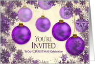 Christmas Party Invitation, Purple Ornaments, Snow Flakes’ Frame card