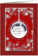 Christmas, Christian, Red with Ornament with Country Church In Winter card