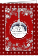 Christmas, You & Yours, Red Ornament with Country Church In Winter card