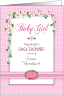 Baby Girl Baby Shower Invitation, Name Insert, Pink, Polka Dots & Flow card