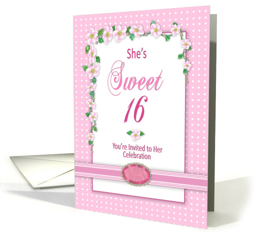 Sweet 16th Birthday Invitation, Pink Flowers & Polka Dots card