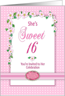 Sweet 16th Birthday Invitation, Pink Flowers & Polka Dots card