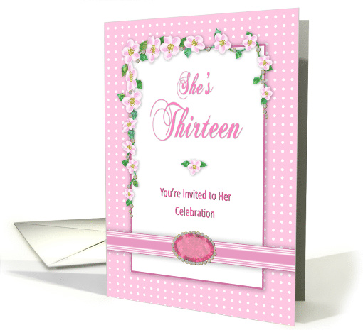 Sweet13th Birthday Invitation, Pink Flowers & Polka Dots card