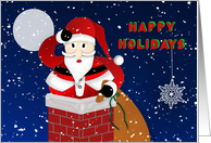 Christmas,Happy Holidays, Fat Santa Stuck in Chimney on Snowy Night card