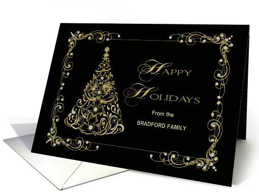 Christmas, Happy Holidays, Name Insert, Ornate Faux Gold Tree card