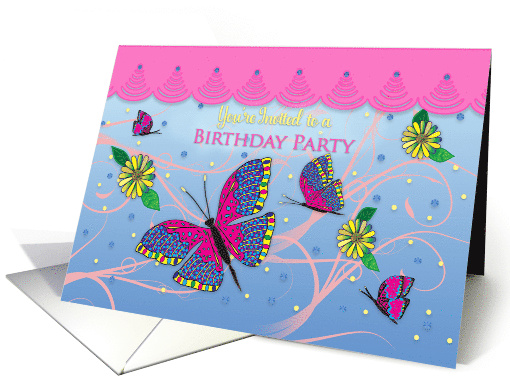 Birthday Party, Invitation, Sweet with Butterflies and Flowers card