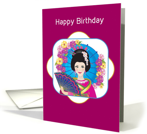 Birthday, Asian Woman in Her Culture Attire, Umbrella/Fan card