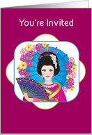 You’re Invited, Asian Woman in Her Culture Attire, Umbrella/Fan card