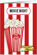 Movie Night Invitation, Popcorn, Movie Tickets, Red and White Stripes card