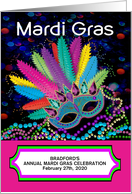 Mardi Gras, Invitation, Colorful Mask and Beads Isolated on Black, card