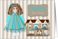 Birthday, Daughter, Doll & Her Dollhouse, Teal Blue & Shades of Brown card
