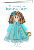 Birthday, Invitation, Doll Baby, Teal Blue & Lace Smock (Dress) Girl card