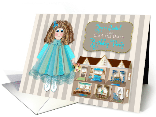 Birthday, Invitation, Girl, Doll in Smock Dress & Dollhouse card