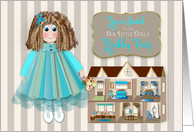 Birthday, Invitation, Girl, Doll in Smock Dress & Dollhouse card