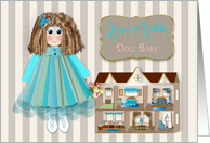 Birthday, Girl’s 4th, Doll in Smock Dress & Dollhouse card
