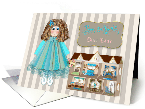 Birthday, Girl's 2nd, Baby Doll, Doll in Smock Dress & Dollhouse card