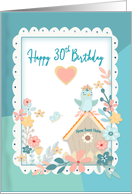 Birthday,30th, Watercolor Flowers, Birdhouse. Woman card